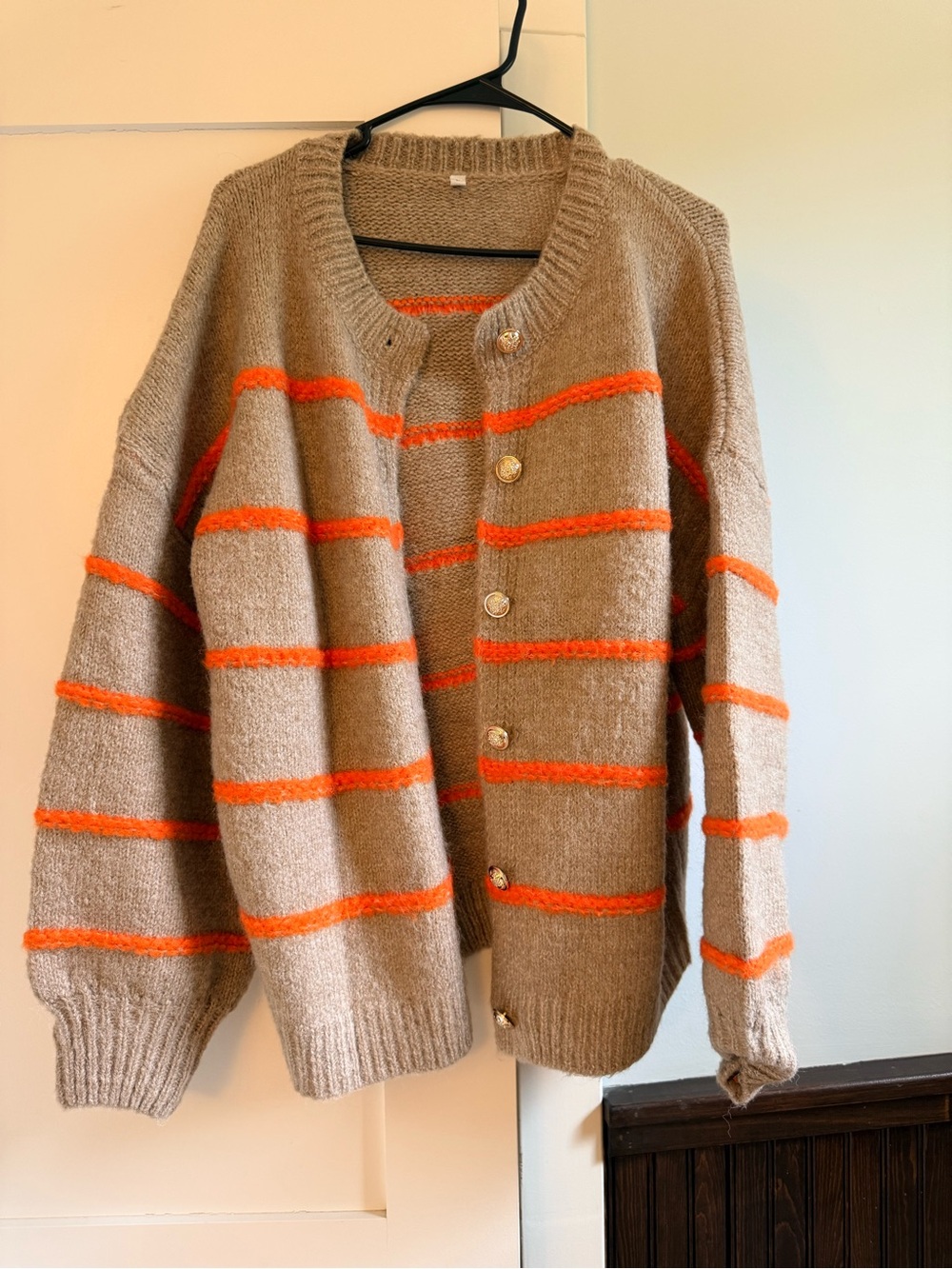 Taupe Cardigan with Orange Stripes - Women's Button-Front Sweater